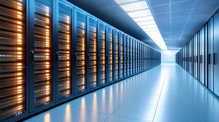 Fototapeta premium Clean server rack corridor with warm LED glow and calm high fidelity ambiance
