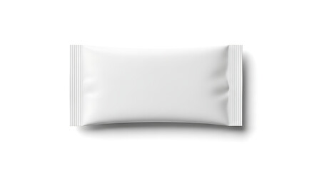 Realistic 3D illustration of a blank white food pouch packaging. Top-down view of an isolated flow wrap sachet for product branding mockup