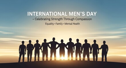 Illustration of a united group of men standing together at sunrise, symbolizing solidarity, compassion, and positive masculinity while raising awareness for International Men’s Day