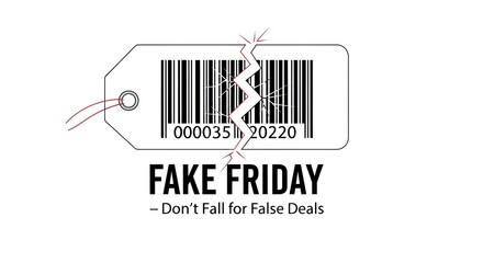 Obraz premium Minimalist Consumer Awareness Poster Featuring a Broken Barcode on a Price Tag Highlighting Fake Friday and Warning Against Misleading Discounts and False Promotional Shopping Deals