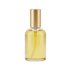 Isolated Perfume Bottle With Golden Cap and Yellow Liquid Captured With Soft Studio Lighting On Transparent Background