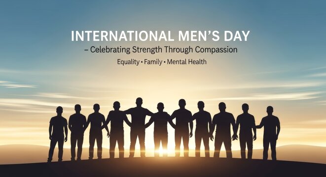 Illustration of a united group of men standing together at sunrise, symbolizing solidarity, compassion, and positive masculinity while raising awareness for International Men’s Day