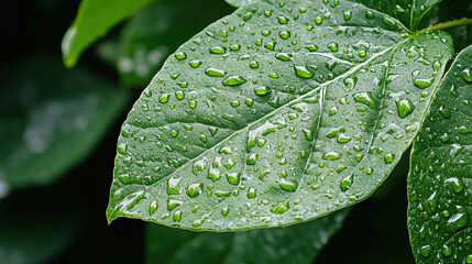 Fresh green leaf with water drop closeup peaceful natural texture