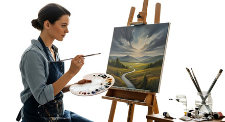 Artistic Impression: A painter passionately captures her artistic vision, meticulously applying strokes to a vibrant canvas. The studio is filled with creativity.
