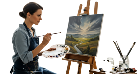 Artistic Impression: A painter passionately captures her artistic vision, meticulously applying strokes to a vibrant canvas. The studio is filled with creativity.