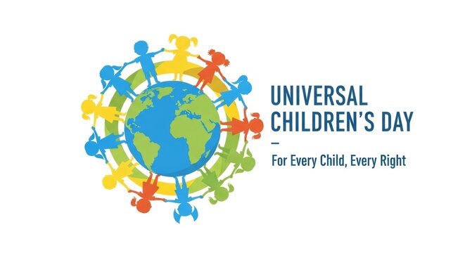 Colorful illustration of diverse children holding hands around a globe symbolizing unity and equality,. awareness of Universal Children’s Day and the importance of rights for every child. - Powered by Adobe