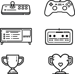 A collection of gaming and retro themed line art icons arranged on a white background in a grid pattern