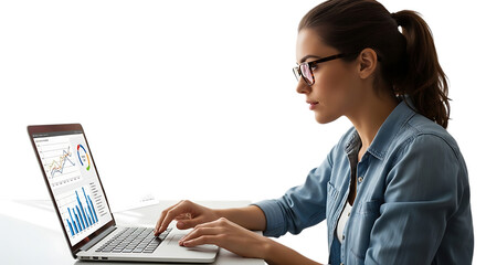 Analyzing Data: A focused woman intently analyses data on her laptop, showcasing dedication in modern work environment