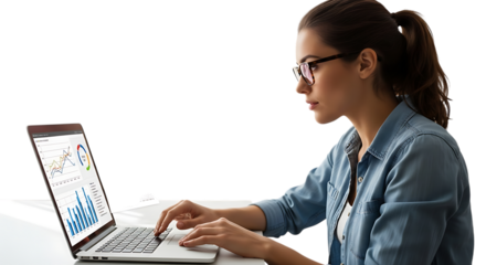 Analyzing Data: A focused woman intently analyses data on her laptop, showcasing dedication in modern work environment