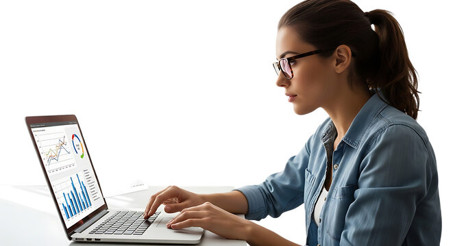 Analyzing Data: A focused woman intently analyses data on her laptop, showcasing dedication in modern work environment
