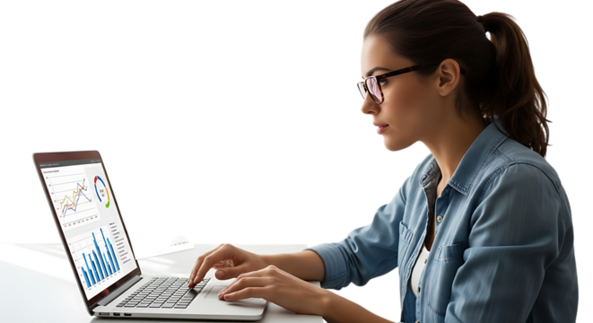 Analyzing Data: A focused woman intently analyses data on her laptop, showcasing dedication in modern work environment - Powered by Adobe
