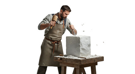 Artisan's Craft: An artisan, focused and precise, meticulously sculpts a stone block with a hammer and chisel. The air fills with the essence of creation, reflecting dedication and expertise.
