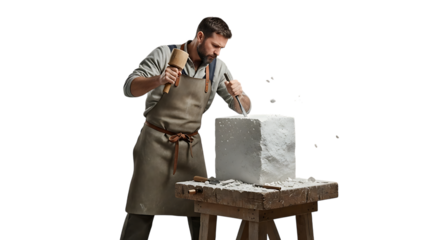 Artisan's Craft: An artisan, focused and precise, meticulously sculpts a stone block with a hammer and chisel. The air fills with the essence of creation, reflecting dedication and expertise.