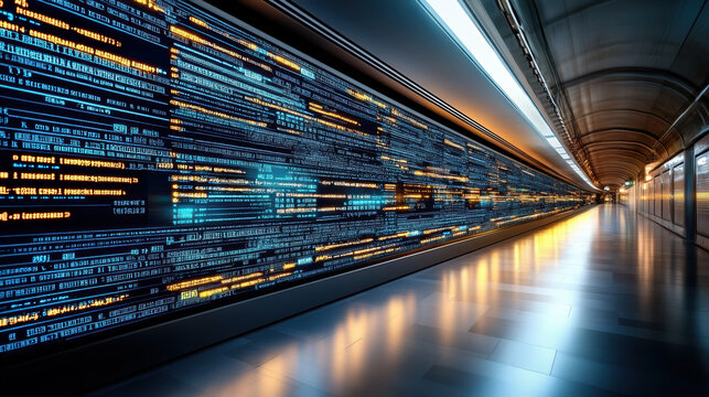 Digital code wall glowing in futuristic corridor evoking technological motion and intrigue
