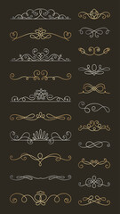 Vector set. Elegant gold and silver decorative dividers with intricate swirls and flourishes. Perfect for invitations, elegant designs, and decorative accents. Hand drawn ornament vector set.