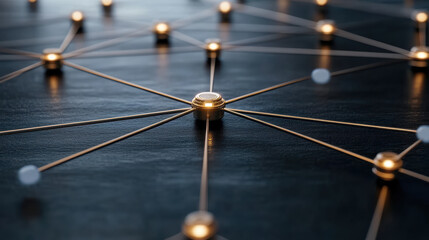 Golden network nodes connected by thin rods on dark surface conveying teamwork and connectivity
