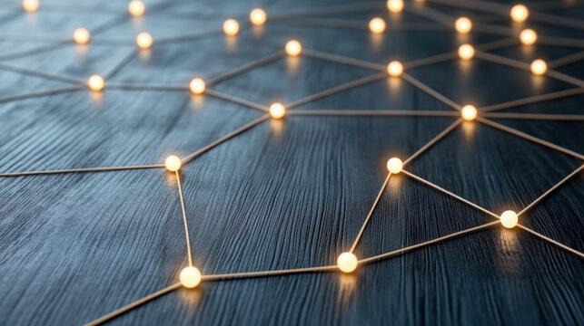 Glowing network nodes connected by lines on dark wood surface, warm ambiance and teamwork concept