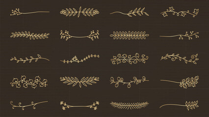 Elegant gold floral dividers on a dark background. These floral dividers feature intricate gold designs. Perfect for adding a touch of elegance with gold floral accents. Hand drawn ornament vector set