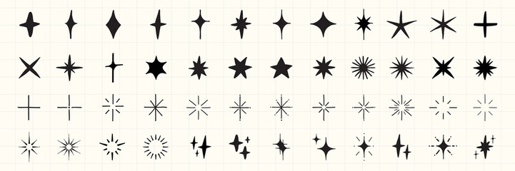 A collection of star shapes, featuring various star designs, star patterns, and star icons. Different star shapes, star styles, and star symbols in black. Element vector set.