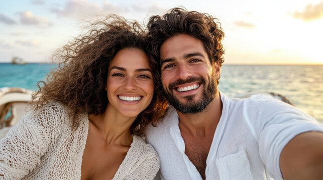 Smiling couple selfie ocean sunset romantic portrait joyful travel