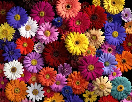 Colorful Gerbera Daisies on a black background, close-up - Powered by Adobe