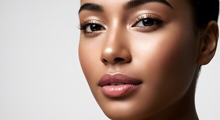 Fototapeta premium Beautiful face with glowing skin, makeup and lush eyelashes on a