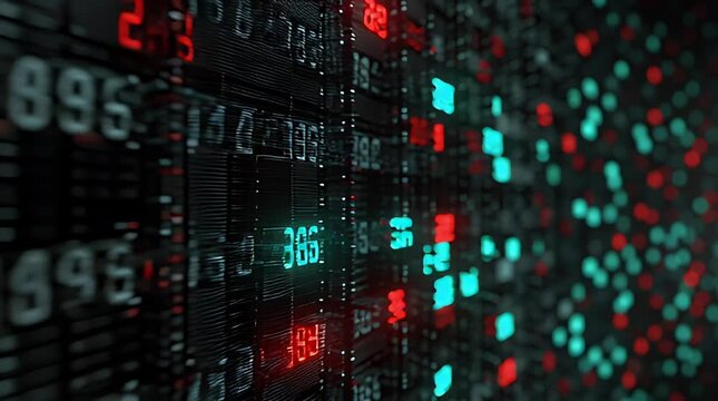 Futuristic Stock Market Data Board with Fluctuating Numbers and Digital Circuitry, High-Tech Financial Trading Platform Displaying Real-Time Stock Prices and Data
