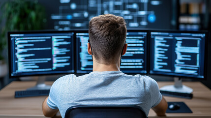 Cybersecurity engineer reviewing threat report at multi monitor workstation, focused expression
