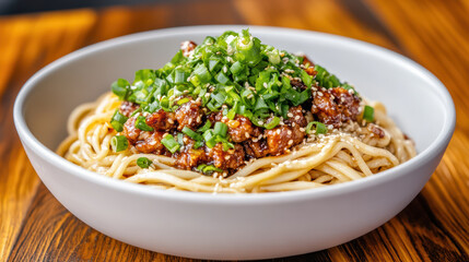 Spicy sesame pork noodles topped with chopped scallion and sesame seed, savory and vibrant
