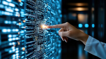 Finger touching glowing data display in server room, futuristic tech interface, calm