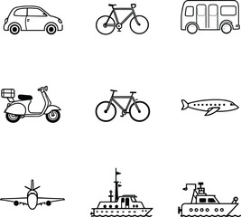 Various modes of transport depicted as simple black and white vector line art on a white background