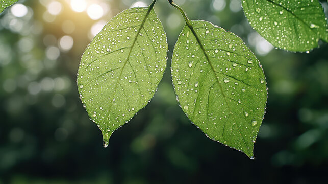 Fresh green leaf with dew drops under warm golden light, peaceful and natural