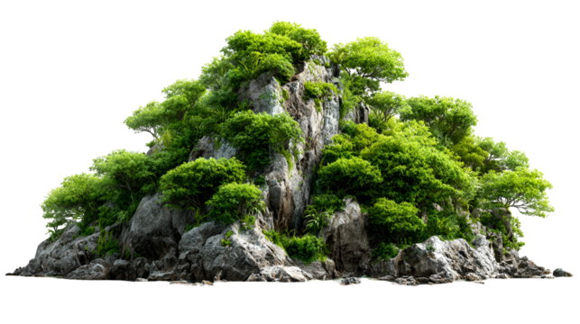 Lush green mountain peak with trees isolated on transparent background - Powered by Adobe