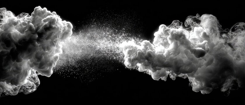 Two grey smoke puffs merging on a black background