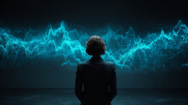 Back view of a woman analyzing a holographic stock market graph, glowing data visualizations, and futuristic interface representing finance, technology, and analytics.