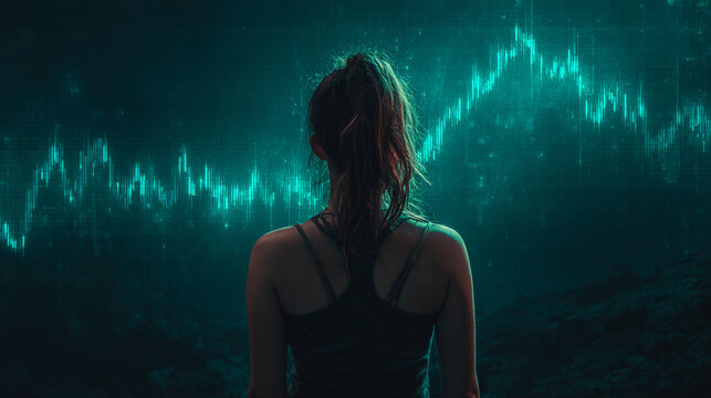 Back view of a woman analyzing a holographic stock market graph, glowing data visualizations, and futuristic interface representing finance, technology, and analytics.