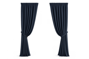 Blue curtains tied back window treatment for home decor creating an elegant privacy design on a transparent background