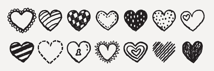 A collection of 15 black and white heart doodles. Each heart has a unique design, showcasing various patterns and styles. Heart doodles in a playful, artistic style. Hand drawn Valentine's Day vector.