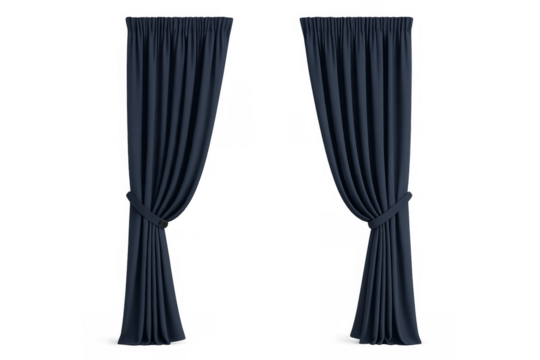 Blue curtains tied back window treatment for home decor creating an elegant privacy design on a transparent background