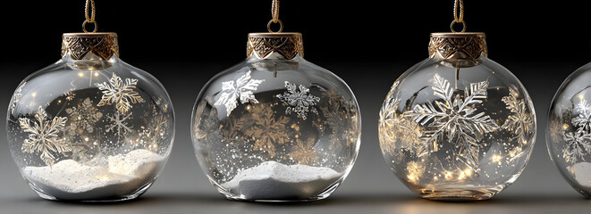 Realistic hanging glass christmas balls empty and with snow. 3d xmas tree decoration, transparent crystal sphere with snowflakes vector set