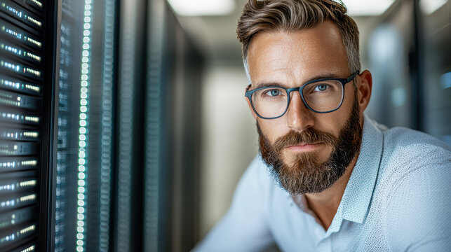 Calm engineer rebooting enterprise server with confident expression