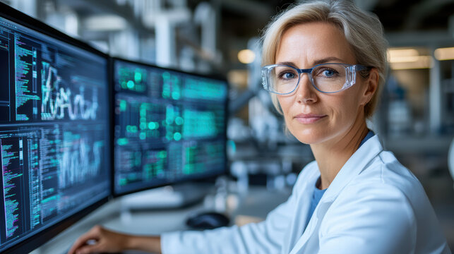 Senior female engineer safety glasses monitoring code and data multiple monitors, calm focus