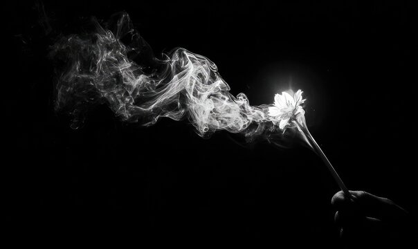 Hand holds glowing flower; smoke wafts in darkness - Powered by Adobe