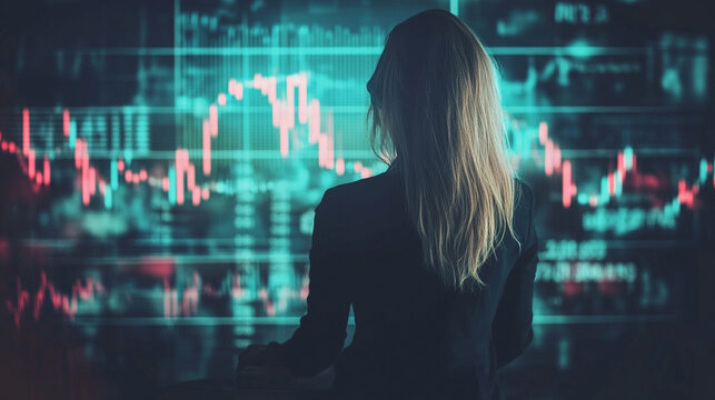 Back view of a woman analyzing a holographic stock market graph, glowing data visualizations, and futuristic interface representing finance, technology, and analytics.