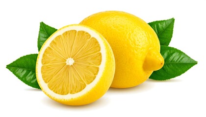 Fresh ripe yellow lemon fruit with green leaves isolated on a white background.