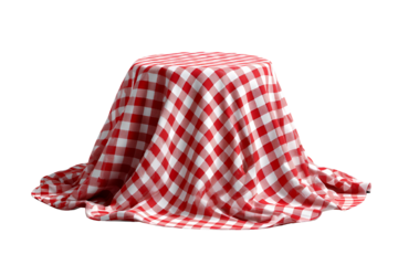 Red and white checkered tablecloth draped over a round object isolated on transparent background