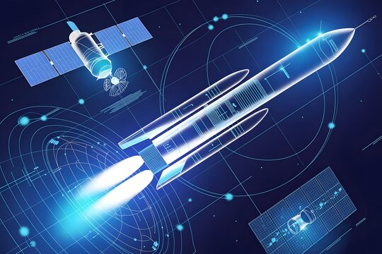 Futuristic rocket launch concept with satellite orbiting in space, showcasing cutting-edge technology for aerospace innovation and exploration, ideal for modern tech companies and science projects