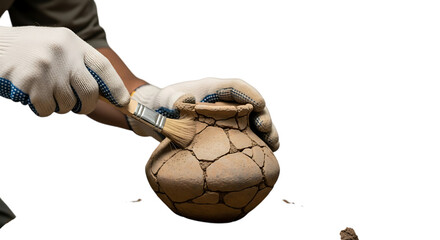 Ancient Artifact Unveiled: A pair of gloved hands delicately cleans a fragmented pottery vessel with a brush, meticulously revealing a glimpse of the past.