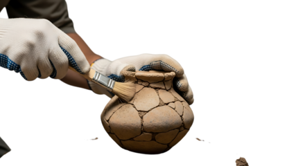 Ancient Artifact Unveiled: A pair of gloved hands delicately cleans a fragmented pottery vessel with a brush, meticulously revealing a glimpse of the past.
