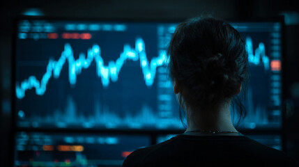 Back view of a woman analyzing a holographic stock market graph, glowing data visualizations, and futuristic interface representing finance, technology, and analytics.